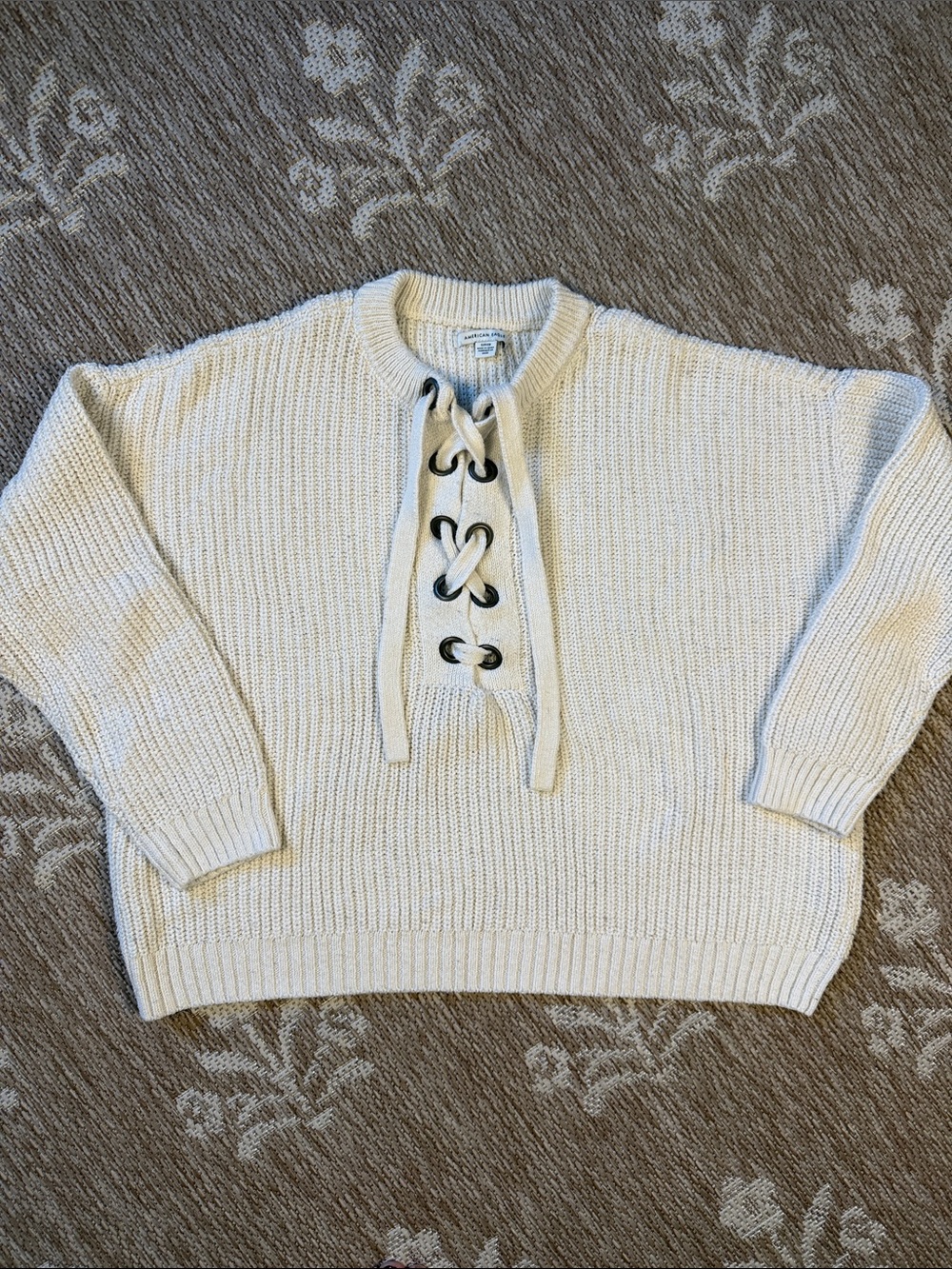 American Eagle Cream Lace-Up Ribbed Crewneck Sweater - Women's